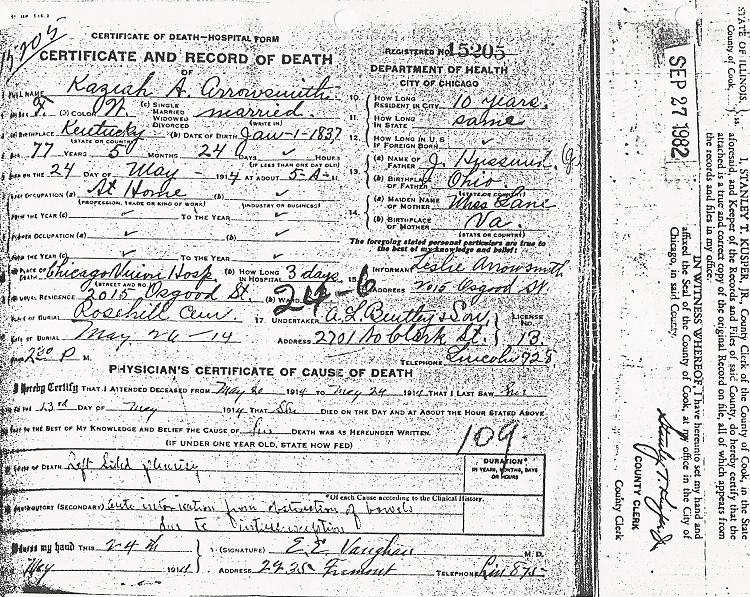 Death Certificate of Kezziah Arrowsmith